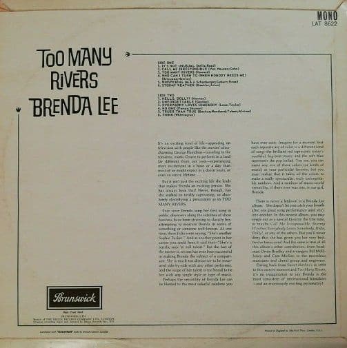 BRENDA LEE Too Many Rivers Vinyl Record LP Brunswick 1965